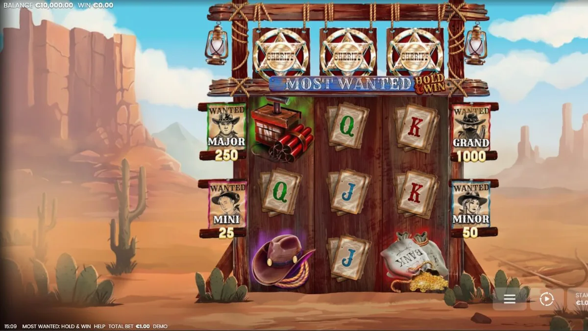 Tampilan visual slot Most Wanted: Hold & Win dengan tema Wild West