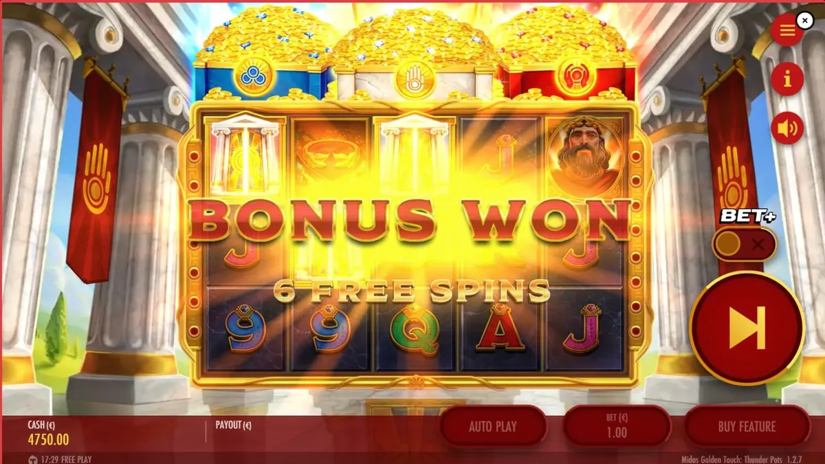 Tampilan visual slot Midas Golden Touch: Thunder Pots dengan tema mitologi emas