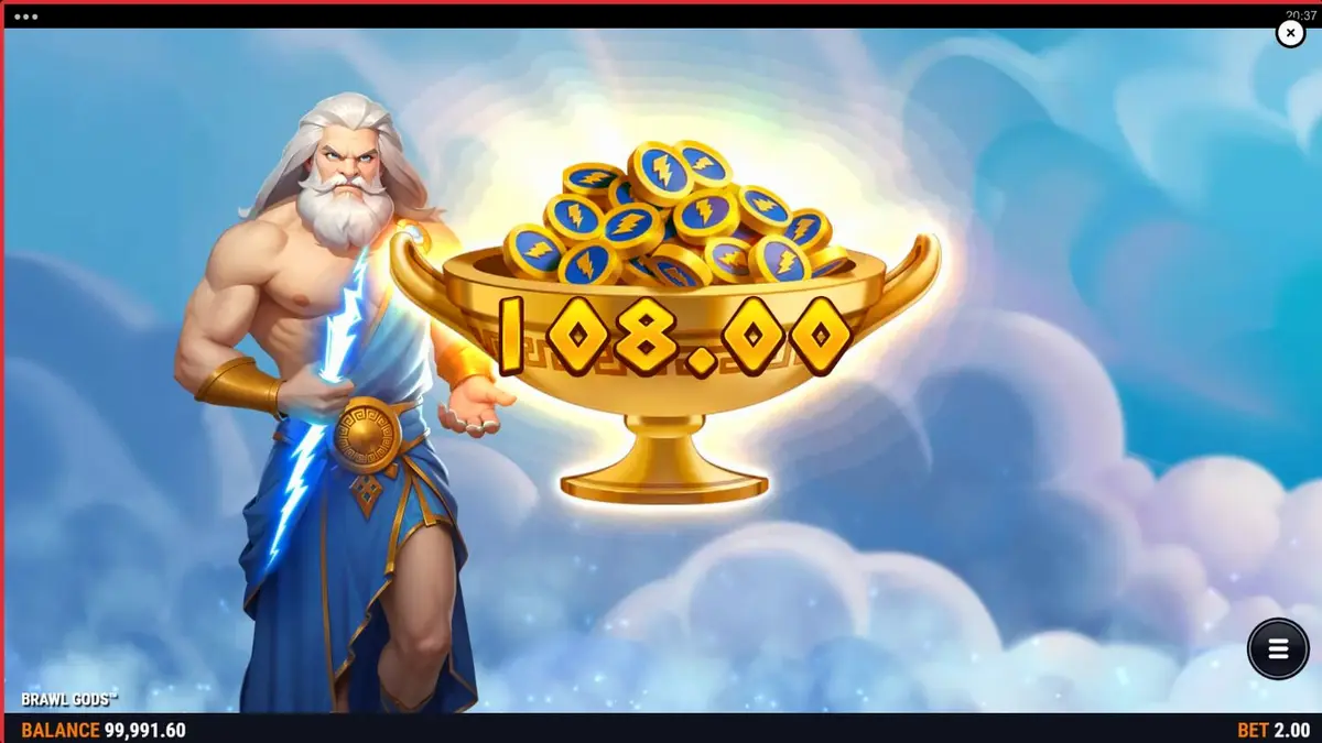 Desain visual layar terbagi dalam slot Brawl Gods yang menampilkan Zeus dan Hades.